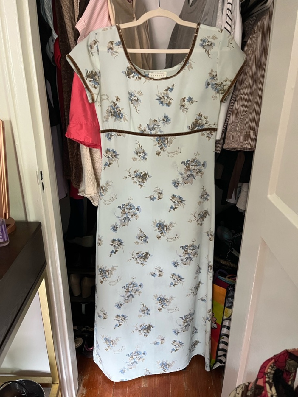 Express Light Blue Floral Maxi Dress with Brown Suede Trim